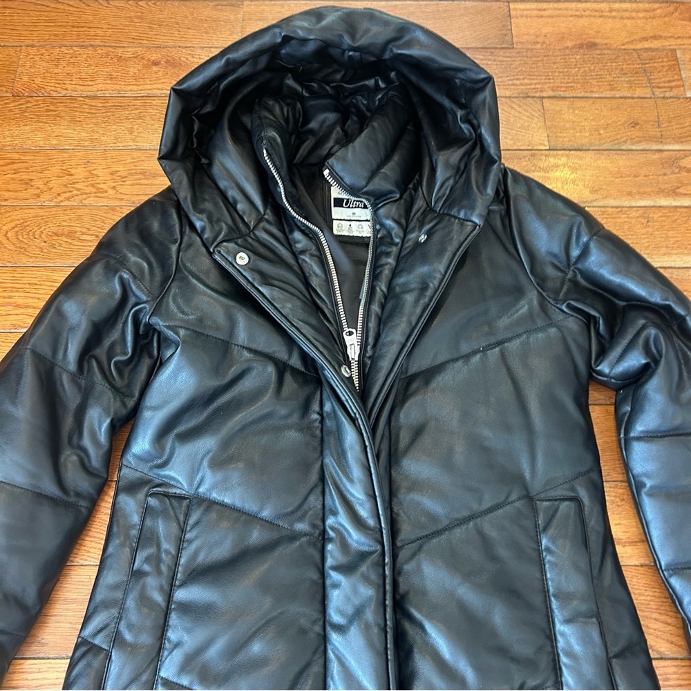 NEW Abercrombie & Fitch Ultra Hooded Vegan Leather Jacket Long Coat Black Medium - Picture 3 of 5